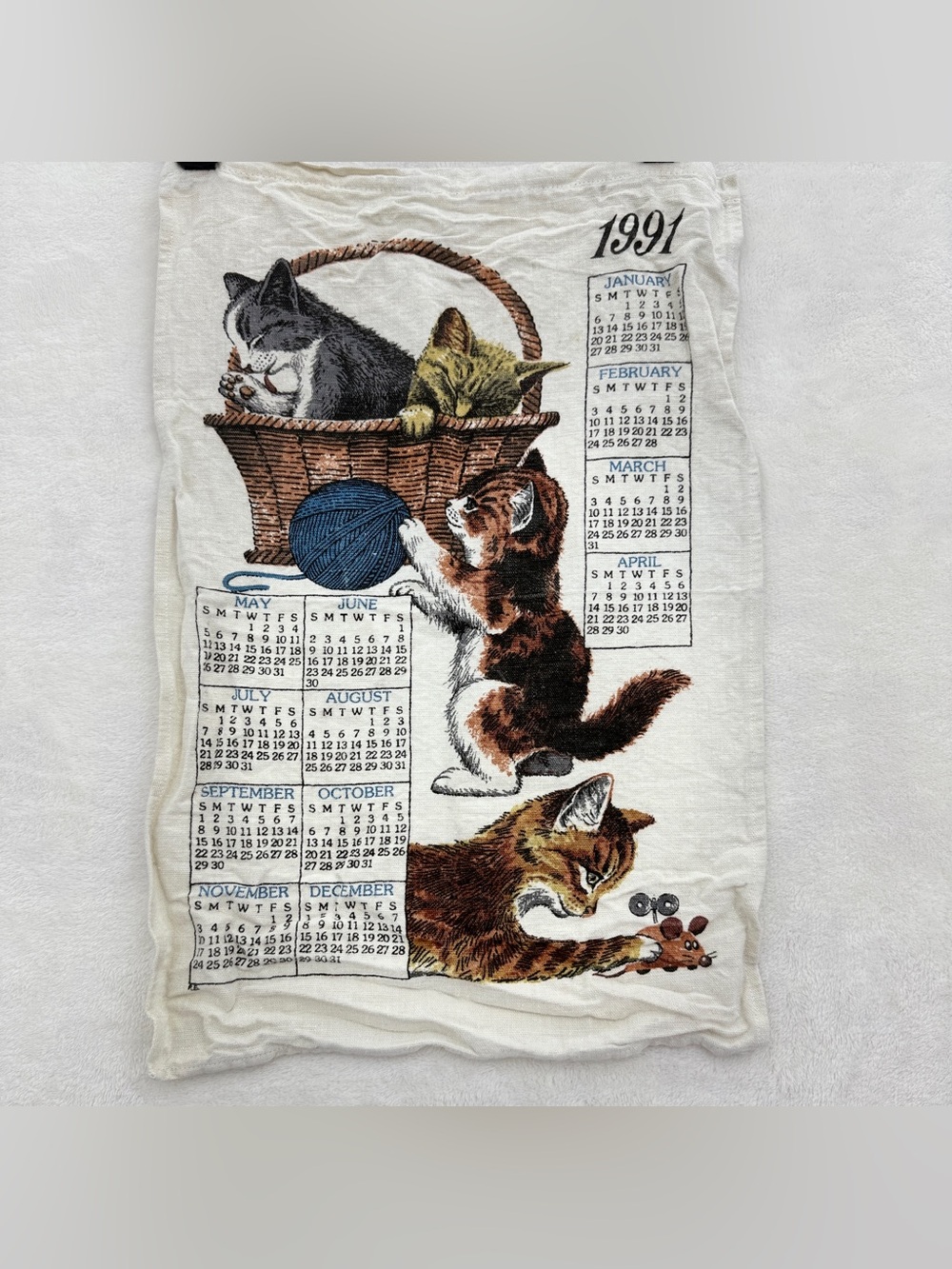Vintage 1991 Tea Towel Cats Kittens in Basket Calendar Kay Dee Designs